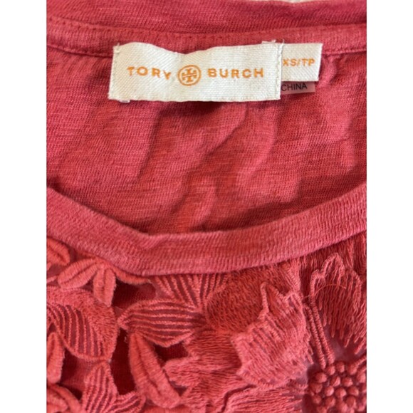 Tory Burch Embroidered Lace Pattern Shirt, Womens XS Short Sleeve Rose Red - Picture 4 of 8